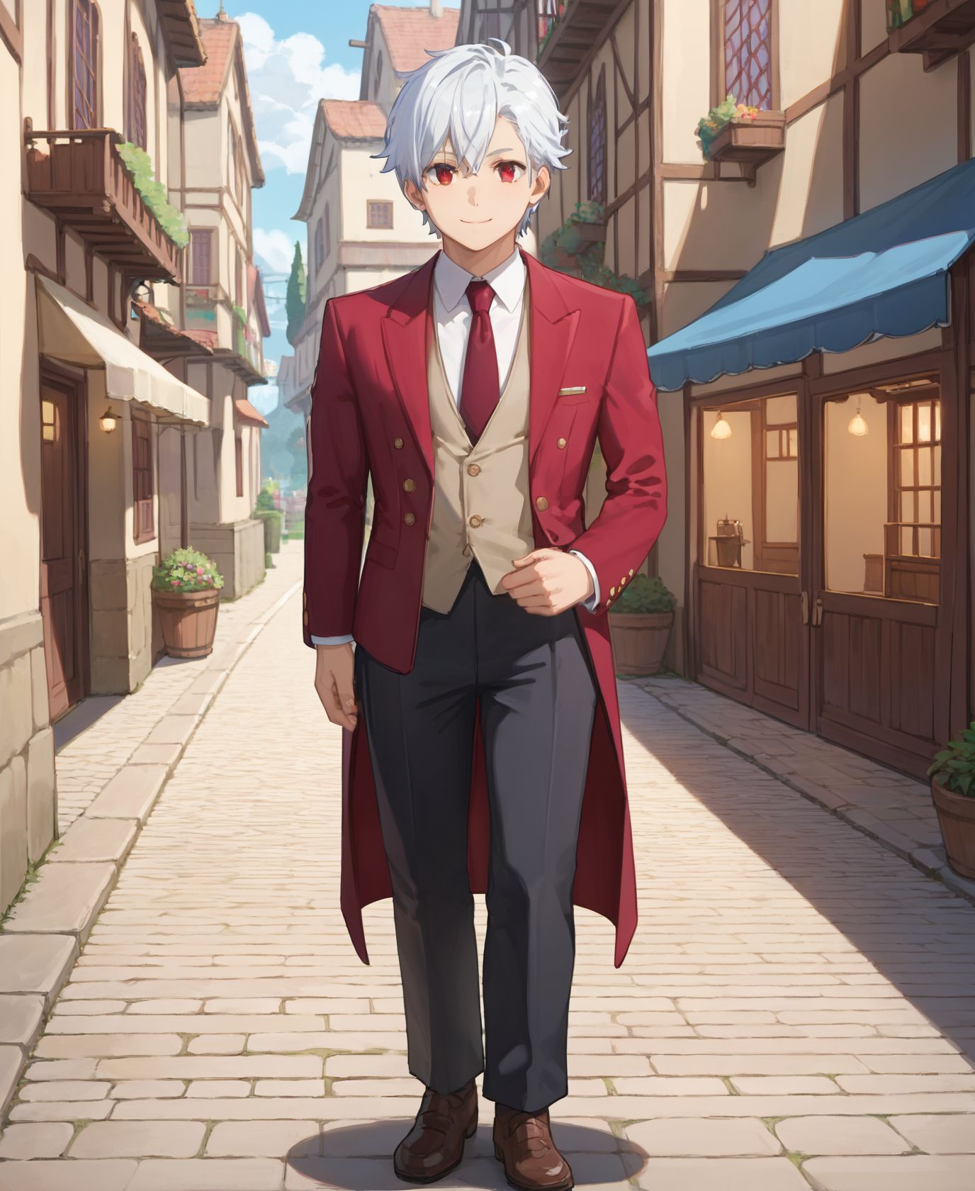 score_9,score_8_up,score_7_up,masterpiece, best quality, <lora:WHM 0.2v:0.5>, WHM, 2D,anime,  
<lora:HandFixer_pdxl_Incrs_v1:0.5>,  
<lora:bell01:0.7>full body, bell01, solo, 
1boy, looking at viewer, smile, shirt, red eyes, closed mouth, white hair, red necktie, formal, suit,red  tight tailcoat,black pants, 
medieval town ,  fantasy,dungeon ni deai wo motomeru no wa machigatteiru darou ka style,