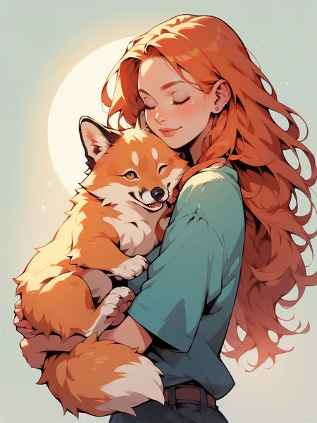 score_9, score_8_up, score_7_up, score_6_up, <lora:p3tl0v3XLP:1> p3tl0v3, 1girl, hugging fox, long hair, ginger,