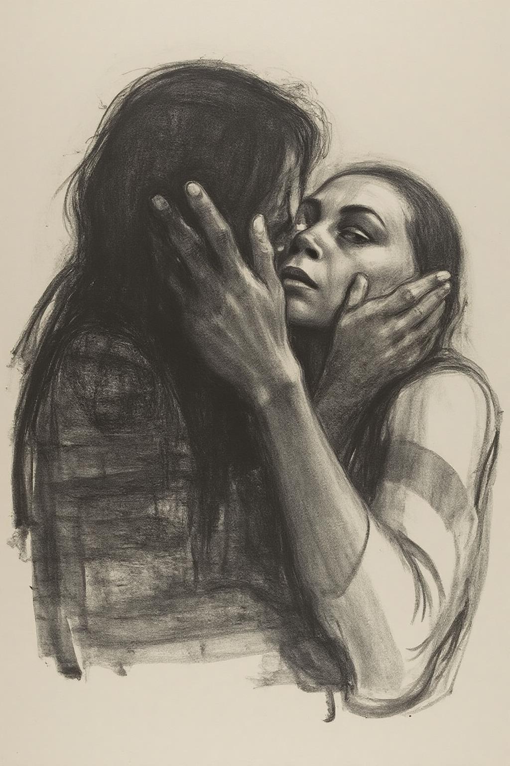 kako1 black and white charcoal drawing. 
The image is a black and white drawing created using charcoal, showcasing an intimate and emotional scene. The artwork depicts two figures, one of which is partially obscured by the other. The figure on the left has long, flowing hair and is pressing their face against the face of the figure on the right. The face of the figure on the left is not fully visible, with their hair obscuring most of their features, creating a sense of mystery or concealment. <lora:kako1_litho_nocap_d6a3:1.0><lora:814719424767615811:0>