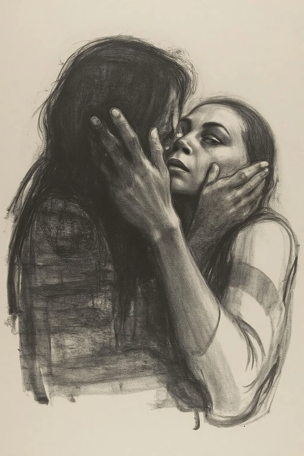kako1 black and white charcoal drawing. 
The image is a black and white drawing created using charcoal, showcasing an intimate and emotional scene. The artwork depicts two figures, one of which is partially obscured by the other. The figure on the left has long, flowing hair and is pressing their face against the face of the figure on the right. The face of the figure on the left is not fully visible, with their hair obscuring most of their features, creating a sense of mystery or concealment. <lora:kako1_litho_nocap_d6a3:1.0><lora:814719424767615811:0>