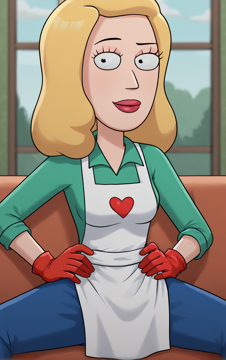 score_9, score_8_up, score_7_up, outdoors, solo, looking at viewer, BREAK 
(contrapposto, hand on hip), 
NurseOperationOutfit_BethSmith_ownwaifu,
1girl, blonde hair, constricted pupils, black eyes,eyelashes, long hair,
white apron, apron, green shirt, gloves, blood, long sleeves, overalls, red gloves, toon (style),
(sitting, spread legs), couch,  window shade, <lora:PONYXL_MOM_BethSmith_ownwaifu:0.9>,
 depth of field, light particles,