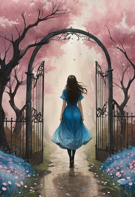 (water-colored), illustration, style of Jessica Galbreth,
(far view, far shot, rear view, facing away:1.3),
(Alice, woman walking on a trail arms spread, very long dark brown hair, hair rim lighting, blue maid dress with short sleeves:1.2), black tights,
fog, dreamy, dream,
(sunlight flowers, raining petals, gate, pink trees:2)