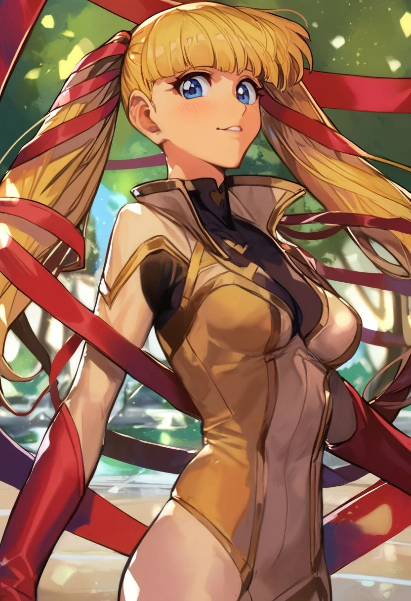 score_9, score_8_up, score_7_up, score_6_up, score_5_up, score_4_up, rating_questionable, , source_anime, digital illustration, pixiv, fanbox, uncensored, , BREAK, official art, 1girl, solo, monica kruszewski, blonde hair, blue eyes, hair ribbon, medium breasts, twintails, ribbon, Seductive Eyes, skinbodysuit, bodysuit, outdoors, blush, cowboy shot, looking at viewer, <lora:Monica_Kruszewski_Pony-000009:1>,  <lora:skinbodysuit e3-000009:0.75>, ng_deepnegative_v1_75t, easynegative, OverallDetail