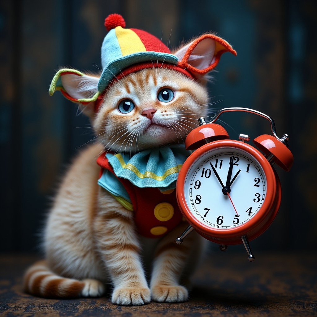 Professional photograph of a cute cat with blue eyes dressed up as a clown with an alarm clock