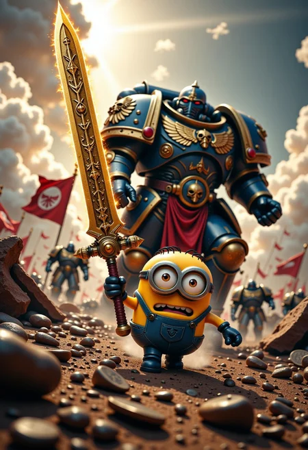 (cinematic film still, low angle, ground up view),
A panicking minion from despicable me holding a sign with text "NOT A XENOS FR!" running away from an (UltraM40k clad in power armor. In his right hand, he holds a holding a glowing gold massive sword, its blade etched with arcane symbols and pulsing with supernatural energy). The background features a tumultuous sky with swirling clouds and a debris-covered ground, hinting at a recent battle. Other knights and soldiers are visible in the chaotic scene, with rich, vibrant colors and meticulous textures throughout, shallow depth of field, vignette, highly detailed, bokeh, moody, epic, gorgeous, film grain