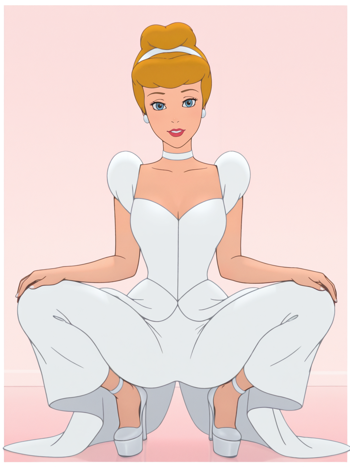 <lora:SinderellaIL:0.7> si_la, 1girl, fair skin, pink lips, blue eyes, golden blonde hair, bangs, French twist hair with white band over, white diamond earrings, white choker around neck,
looking at viewer, squatting, front view, spreading legs, platform high heels