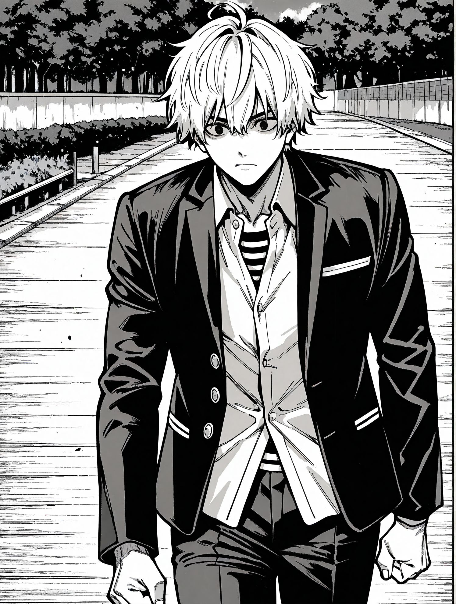 <lora:add-detail-xl:0.5>,masterpiecebest quality,anime coloring,anime screenshot,
<lora:bouryokubannzai:1>bouryokubannzaiV1,
monochrome,greyscale,1boy,male focus,pants,
b_ikushima,white hair,  stripe inner , black jacket, collared shirt, open jacket,