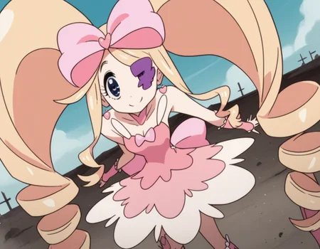score_9, score_8_up, score_7_up, source_anime,
nuiharime, <lora:nui-harime-s1-ponyxl-lora-nochekaiser:1>,
nui harime, big hair, blonde hair, blue eyes, drill hair, eyepatch, hair bow, long hair, pink bow, twin drills, twintails,
boots, bow, dress, eyepatch, hair bow, pink footwear, strapless, strapless dress,
outdoors, wasteland, bent over, smile,
solo, dutch angle, looking at viewer, cowboy shot,