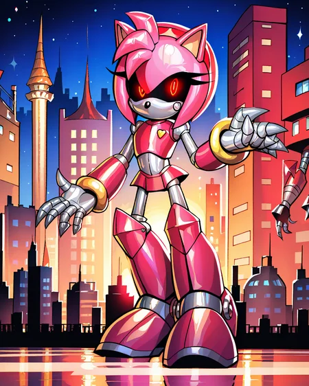 score_9, score_8_up, Amy rose, robot girl, mecha, pink armor, no mouth, metal skin, shiny skin,  black sclera, glowing eyes, smooth shading, night, city  <lora:Robotization_Pony:0.7>, score_9, score_8_up,