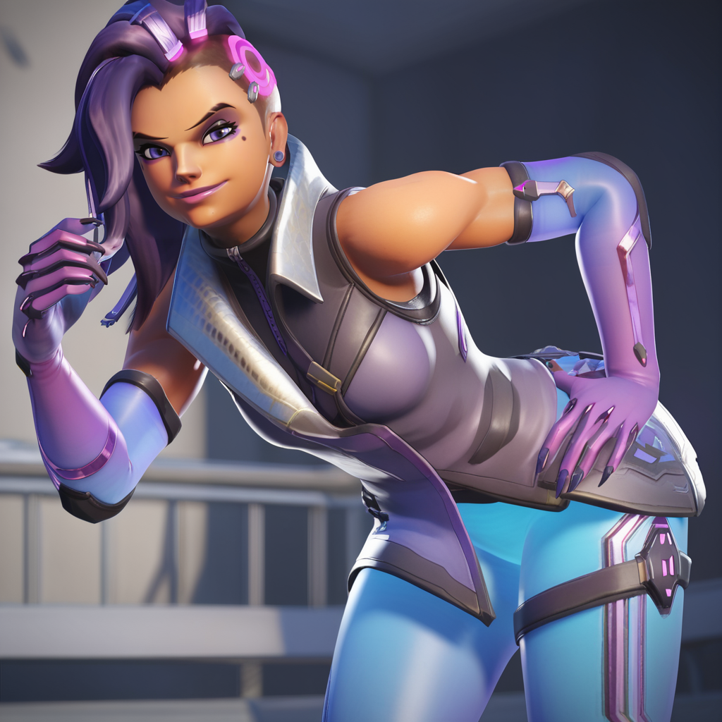 score_9, score_8_up, score_7_up, score_6_up, score_5_up, score_4_up,  <lora:Sombra:0.8>, sombr20, 1girl, purple eyes, purple hair, multicolored hair, dark-skinned female, two-tone hair, gradient, mole under eye, eyeshadow, lipstick, asymmetrical hair, high collar, eyeliner, undercut, purple lips, bodysuit,  elbow gloves, thigh strap, skin tight, shiny clothes, pants, toned female, hand on own hip, leaning forward, light smile,