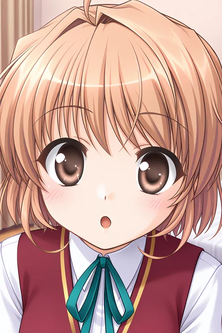 masterpiece, best quality, absurdres, official art, official style, rating general BREAK <lora:yuukikanade_IL_v1-1:0.7>, yuuki kanade, 1girl, solo, brown eyes, ahoge, light brown hair, short hair, hair intakes, small breasts, no headwear, school uniform, summer uniform, red vest, collared shirt, short sleeves, neck ribbon, aqua ribbon, indoors, bedroom, portrait, upper body, close-up,
blush, :o, looking at viewer, open mouth, shocked