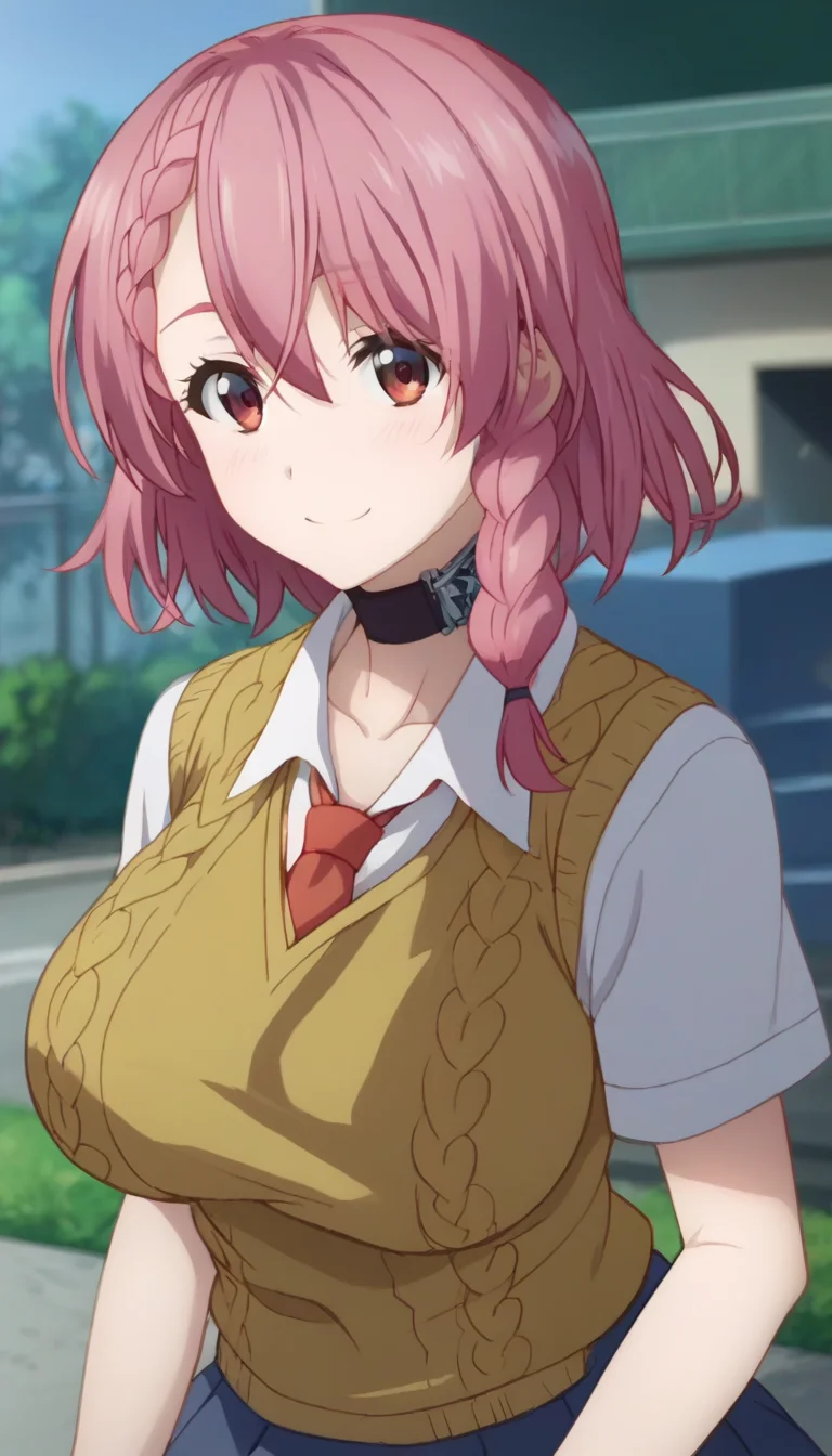 score_9,score_8_up,score_7_up,score_6_up BREAK official art,solo,outdoors,upper body,(portrait:1.5),looking at viewer,facing viewer,smile,blush,Shirayuki Maihime,medium hair,pink hair,single braid,side braid,bangs,red eyes,collarbone,school uniform,yellow sweater vest,red necktie,white shirt,collared shirt,short sleeves,large breasts,miniskirt,blue skirt,pleated skirt,thighs,black pantyhose,loafers,brown footwear,<lora:Shirayuki Maihime(dhh)-Pony:1.8>,