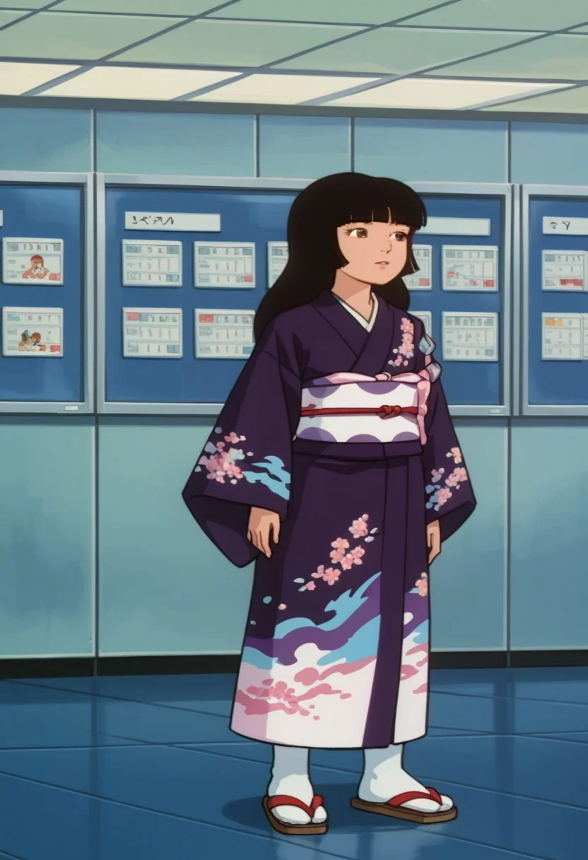 score_8, score_8_up, score_7_up, 1girl, female focus, solo, Atsuko_IG, brown eyes, asian, black hair, long hair, blunt bangs, flat chest, Kimono, print kimono, bird print, obi, white socks, sandals , indoors, airport, (from side:0.5), (from above:0.5), 1980s (style)