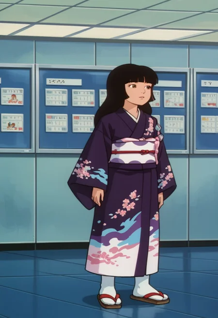 score_8, score_8_up, score_7_up, 1girl, female focus, solo, Atsuko_IG, brown eyes, asian, black hair, long hair, blunt bangs, flat chest, Kimono, print kimono, bird print, obi, white socks, sandals , indoors, airport, (from side:0.5), (from above:0.5), 1980s (style)