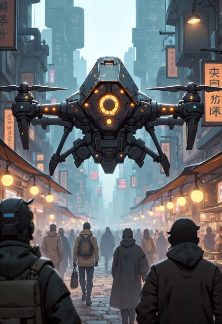 masterpiece, high-quality, A hovering delivery drone with exaggerated, angular features rests above a crowded futuristic market, Bold line art outlines its sleek frame, while faint glowing panels on its sides cast subtle light on the busy streets below, angular design, glowing panels, bold line art, urban setting, (elaborate fine details:1.1), (hyperdetailed:1.1), (intricate details:1.0), (Refined details:1.1), (best quality:1.1), (high resolution:1.2),,