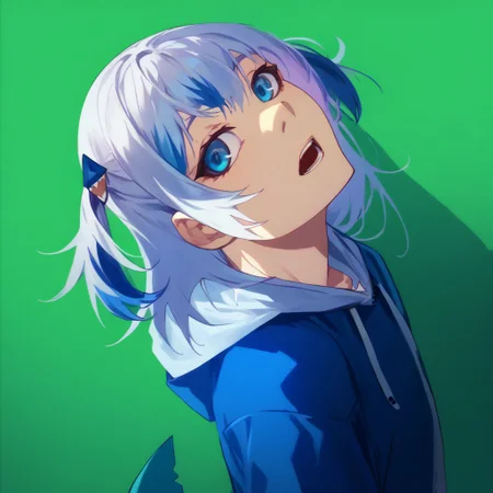 rating_all, score_10, score_8_up, score_7_up, low details, blue eyes, simple hair, kawaii style, big eyes, simple lights, Monogatari_Style, gawr gura, blue hoodie, two side up, shark hair ornament, shark tail, portrait, open mouth, green screen, simpel background, green background, shaft look, looking back, from behind, head tilt, front view