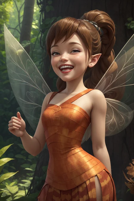 masterpiece, 8k, perfect ligthing, , adult, female, cowboy shot, looking at viewer, cinematic lighting, Fawn, (FawnWaifu:1.1), single ponytail, extra long ponytail, dress, (extra long white fairy wings), long wings, brown clothes, clothes made from leaves, brown hair, pointy ears, (detailled eyes), shrunken, trapped, (laughing:1.7), blush, pixiedust, jungle, treehouse, <lora:FawnTinkerbellDisney-08:0.6> <lora:realisticGlossyFaceSkin_rseromanticRsesofiko:0.3><hypernet:empty:0.5>