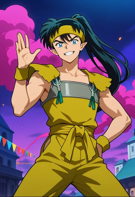 masterpiece, best quality, intricate details, anime screencap, , official style, looking at viewer, 1boy, solo, male focus, <lora:kouga_inuyasha_ilxl:0.98>, kouga_inuyasha, black hair, blue eyes, long hair, ponytail, pointy ears, headband, , French Revolution, barricades in streets, waving flags, rising smoke, revolutionary pose, passionate expression, fiery glow,