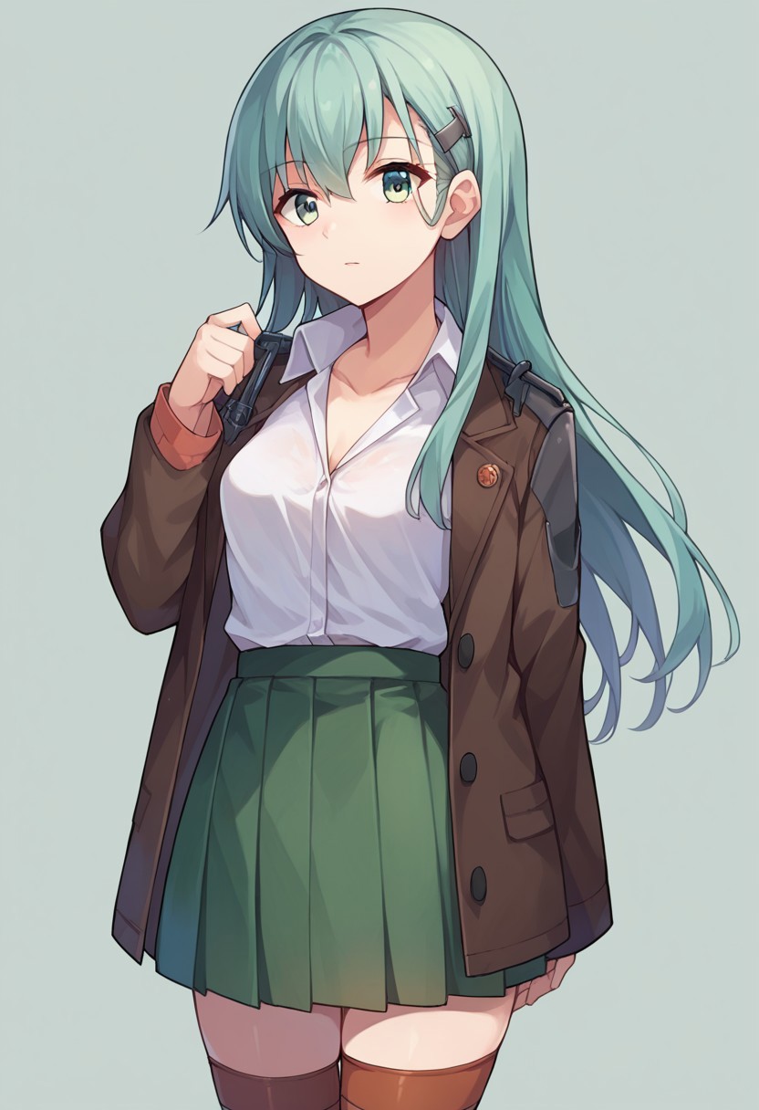score_9, score_8_up, score_7_up, source_anime, suzuya (kancolle), hairclip, school uniform, thighhighs, collarbone, long sleeves, open clothes, skirt, white shirt, jacket