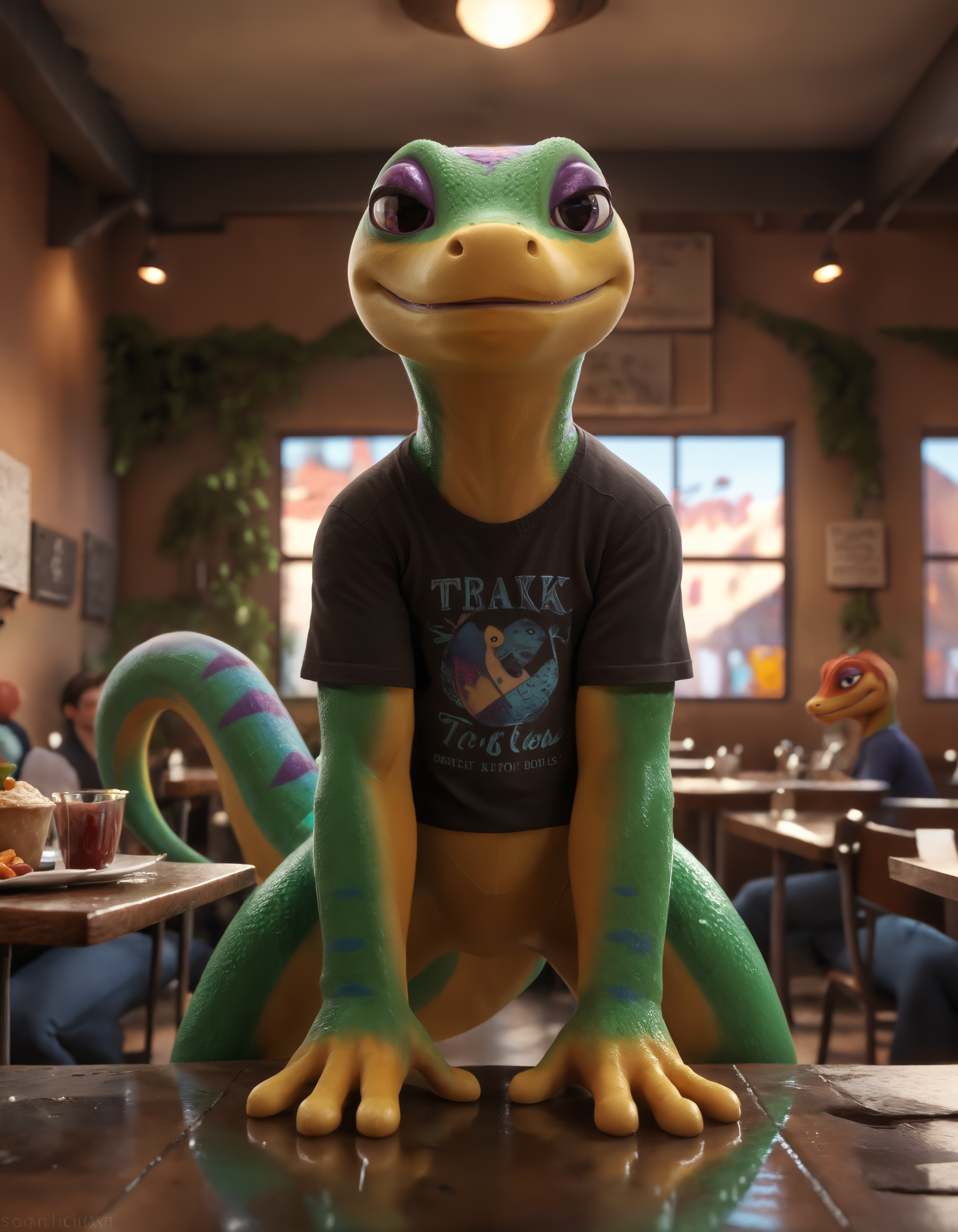 score_9, score_8_up, score_7_up, BREAK (anthro, furry:1.1), depth of field, cinematic lighting, masterpiece, detailed hands, detailed face, best quality, ultra realistic, 4k, 2k, film photography, RAW photo, photorealistic, analog style, subsurface scattering, photorealism, embedding:unaestheticXL_bp5, embedding:zPDXL,(best quality, high quality, 8K:1.5), <lora:add-detail-xl:2.5>, <lora:fix_hands.safetensors:2.0>, <lora:2.5DRealisticV2.safetensors:0.2>, <lora:sinfully_stylish_SDXL.safetensors:0.6>,  <lora:AdvancedEnhancerXLv2.safetensors:1.0>, (hi res), ((masterpiece)), ((best quality)), illustration, <lora:Gex_the_Gecko.safetensors:0.7>, anthro, furry, gex the gecko, gecko, lizard, scalie, solo, digitigrade (pov, cafeteria, t-shirt, dressed, lonely:1.15)