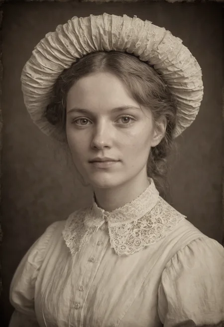 A Victorian-era servant woman poses for a head and shoulder portrait in a photograph style. Sepia tones, 19th-century aesthetics, stern expression, plain bonnet, lace collar, simple dress, dark background, soft diffused lighting, slight vignette, subtle shadows, worn textures, detailed fabric, Julia Margaret Cameron inspiration, natural skin texture, melancholic mood, timeless atmosphere.