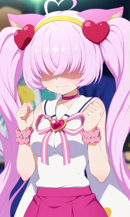 masterpiece, best quality, close-up, beautiful eyes, zzRosia, animal ears, 1girl, long hair, pink hair, twintails, cat ears, clenched hands, solo, ahoge, breasts, heart, very long hair, upper body, medium breasts, hair ornament, shaded face, heart ahoge, skirt, hairband, pink skirt, choker, blurry, faceless female, heart hair ornament, wavy mouth, yellow hairband, blurry background, parody, hair over eyes, clenched hand,