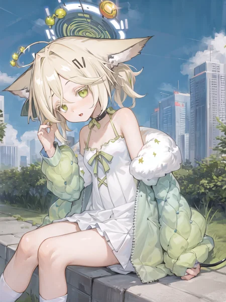 (masterpiece, best quality), (1girl, solo), sitting,
<lora:mayumiVR_2.0_a5v2:0.7> vr-mayumi, dress, jacket, halo, city