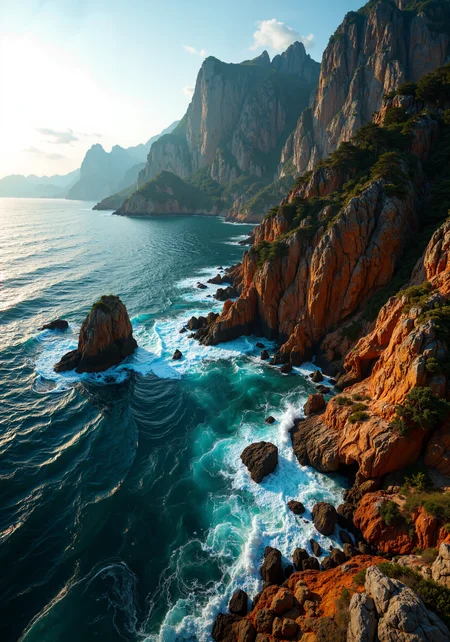 Sweeping aerial view, dynamic eye-level perspective, majestic coastal cliffs blended with rugged mountain silhouettes. Golden hour radiance, intricate textures of weathered stone and churning turquoise sea, luminous sunlight reflections, delicate ocean mist, and pristine tidal spray. Vibrant deep blue gradients, rich terracotta rock surfaces, exquisite spatial composition, detailed natural textures, atmospheric fluid tracking perspective. 8K, masterpiece quality, intricate detailing, vibrant color palette, natural gradients, refined illumination, and serene environmental ambiance. <lora:flux_vividizer:0.3> <lora:It's a LoRA for portraits, BUT! actually specialized in backgrounds. v1.0:0.5> <lora:Illustration_Style_IV:0.1> <lora:Bruce Holwerda:0.5> <lora:Anime v1.3:0.1> <lora:flux_dev:1>