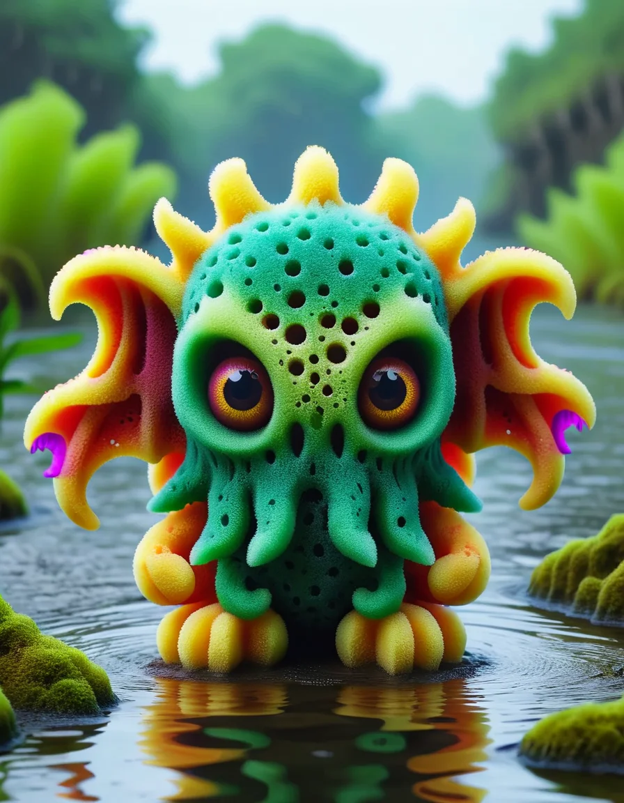 A cute colorful fluffy cthulhu, wildlife photography, in a ral-mndlbrt swamp, 4K UHD, 8K UHD, High-definition, capturing highest detailed, 4k, uhd, hdr, made out of ral-ktchzpong <lora:ral-ktchzpong:1>