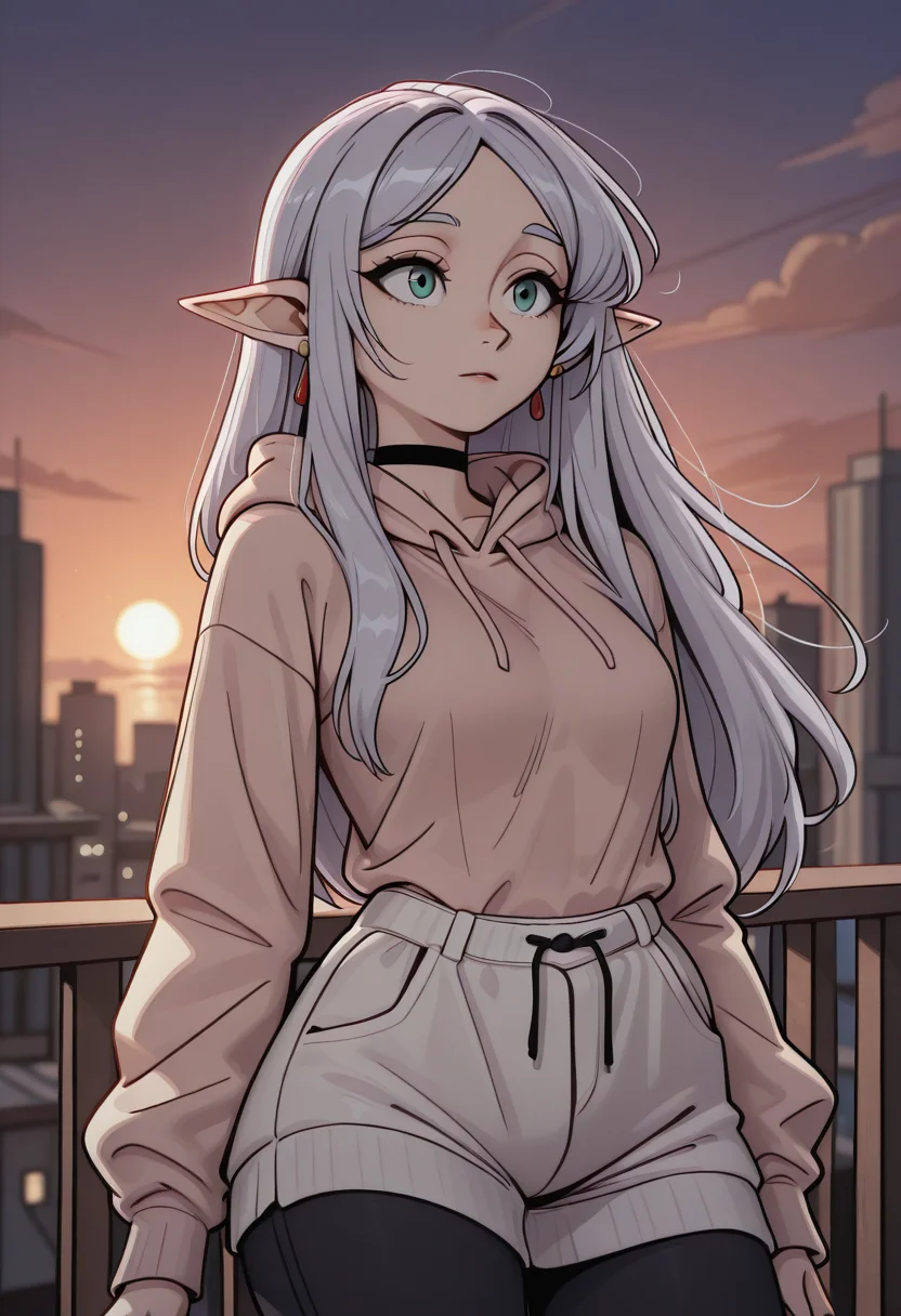 , frieren, sousou_no_frieren, hoodie, leggings, casual outfit, relaxed, 1girl, half body, standing on balcony, sunset sky, cityscape, warm backlight, glowing horizon, evening light, gentle breeze
, high_contrast, vibrant, very awa, masterpiece,best quality,newest, absurdres, detailed background, detailed hair, depth of field, detailed skin,very aesthetic, ultra-detailed, OverallDetailXL, aged up, BREAK,