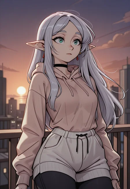 , frieren, sousou_no_frieren, hoodie, leggings, casual outfit, relaxed, 1girl, half body, standing on balcony, sunset sky, cityscape, warm backlight, glowing horizon, evening light, gentle breeze
, high_contrast, vibrant, very awa, masterpiece,best quality,newest, absurdres, detailed background, detailed hair, depth of field, detailed skin,very aesthetic, ultra-detailed, OverallDetailXL, aged up, BREAK,