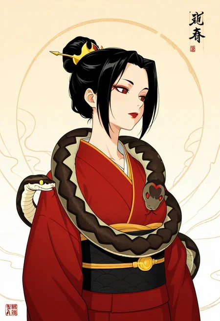 masterpiece,best quality,amazing quality, absurdres, 1girl, Azula, kimono, snake, snake on shoulders, upper body, tranquil, peaceful, Sinoink, minimalist,