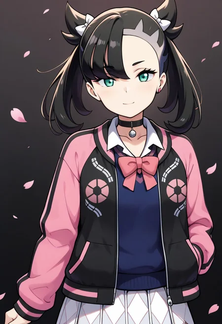2d, masterpiece, best quality, amazing quality, 1girl, solo, close-up, smile, looking at viewer, simple background, multicolored background, pink shades, sakura petals, cowboy shot, acmarnie, def colors, green eyes, black hair, asymmetrical bangs, white hair ribbon, black jacket, pink jacket, multicolored jacket, open jacket, blue sweater vest, white collared shirt, long sleeves, pink bowtie, pleated skirt, white skirt, checkered skirt