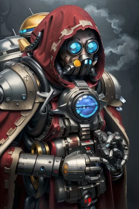 ((masterpiece,best quality)), absurdres, mechanical arms, robes, hood, ((techpriest)), cyborg, mechanical face, (eggmantech, robotic) mechanical limbs, gas mask, mechanical tentacles, (mechanical backpack), red cloak, 1other, solo,