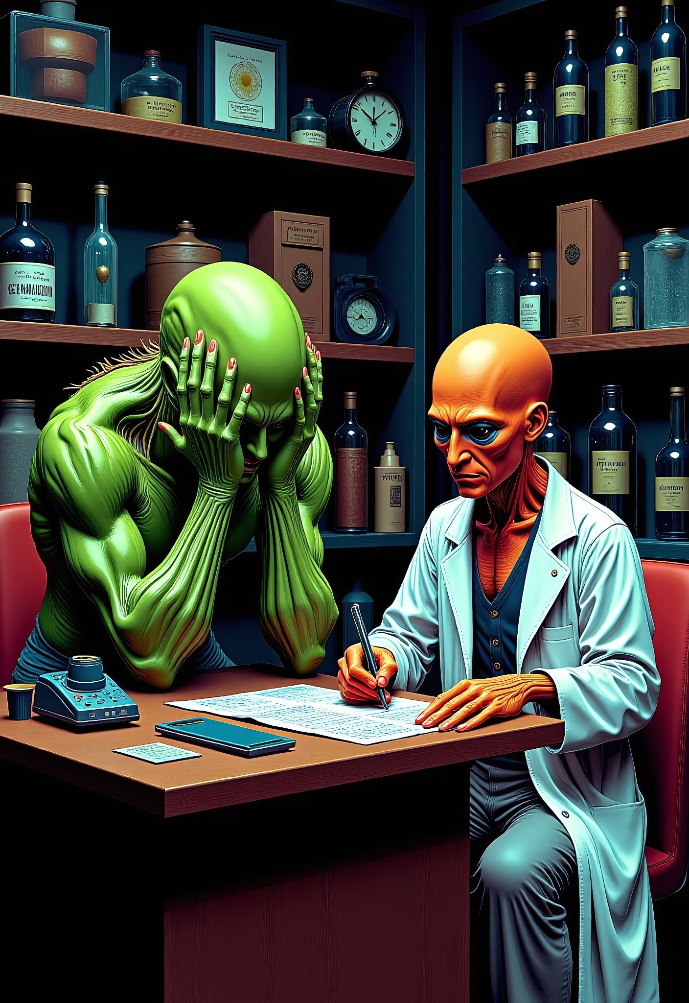 aidmaimageupgrader, aidmamj6.1, a high quality digital image of a surreal scene depicting a green alien with exaggerated features and musculature.  Its body appears large and imposing, with large hands covering its head in a gesture of anguish or distress and he is sitting at a desk


Sitting on the opposite side of a desk is a humanoid figure in a white lab coat wearing a white lab coat and with a single eye in the middle of his face like a cyclops and light orange skin tone, along with four visible arms,, he is writing on a paper filled with cryptic notes, their facial expression is focused and intense.  They seem to be observing or documenting the alien figure.

The setting is a laboratory environment, with a dark background. There's a wooden desk between the figures and shelves in the background.  The style is bold and expressive, with vibrant colors.  The lighting is somewhat dramatic, casting shadows and highlights that emphasize the form and texture of the figures.  There are various symbols and objects in the scene, with some appearing chaotic.  The overall atmosphere is unsettling.