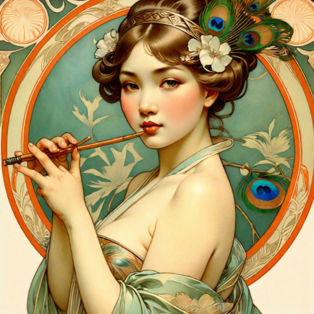 (Illustration by alphonse mucha, art nouveau, pin-up, best quality, realistic, detailed), tasteful portrait, japanese girl, playing a biwa, silk limono with metal inserts, japanese grove, peacock