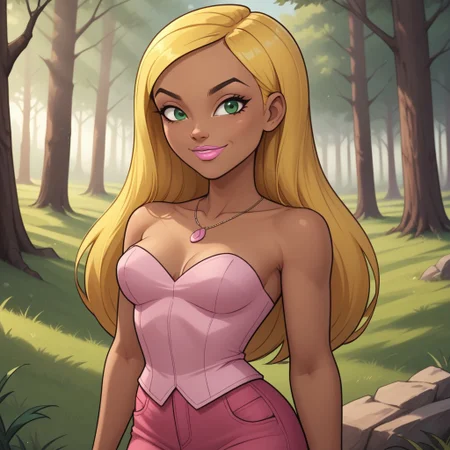 score_9, score_8, BREAK, solo, total drama, 1girl, blonde hair, long hair, dark skin, dark skin female, light pink corset, necklace, green eyes, pointy nose, lips, pink lips, pink jeans, light pink slippers, black eyebrows, lipstick, Dakota_(\Total_Drama\), tdroti, cute, attractive, gorgeous, sexy pose, smile, outdoors, sunlight, shadows, evening lighting, natural lighting, forest, trees, grass, orange sky, sunset