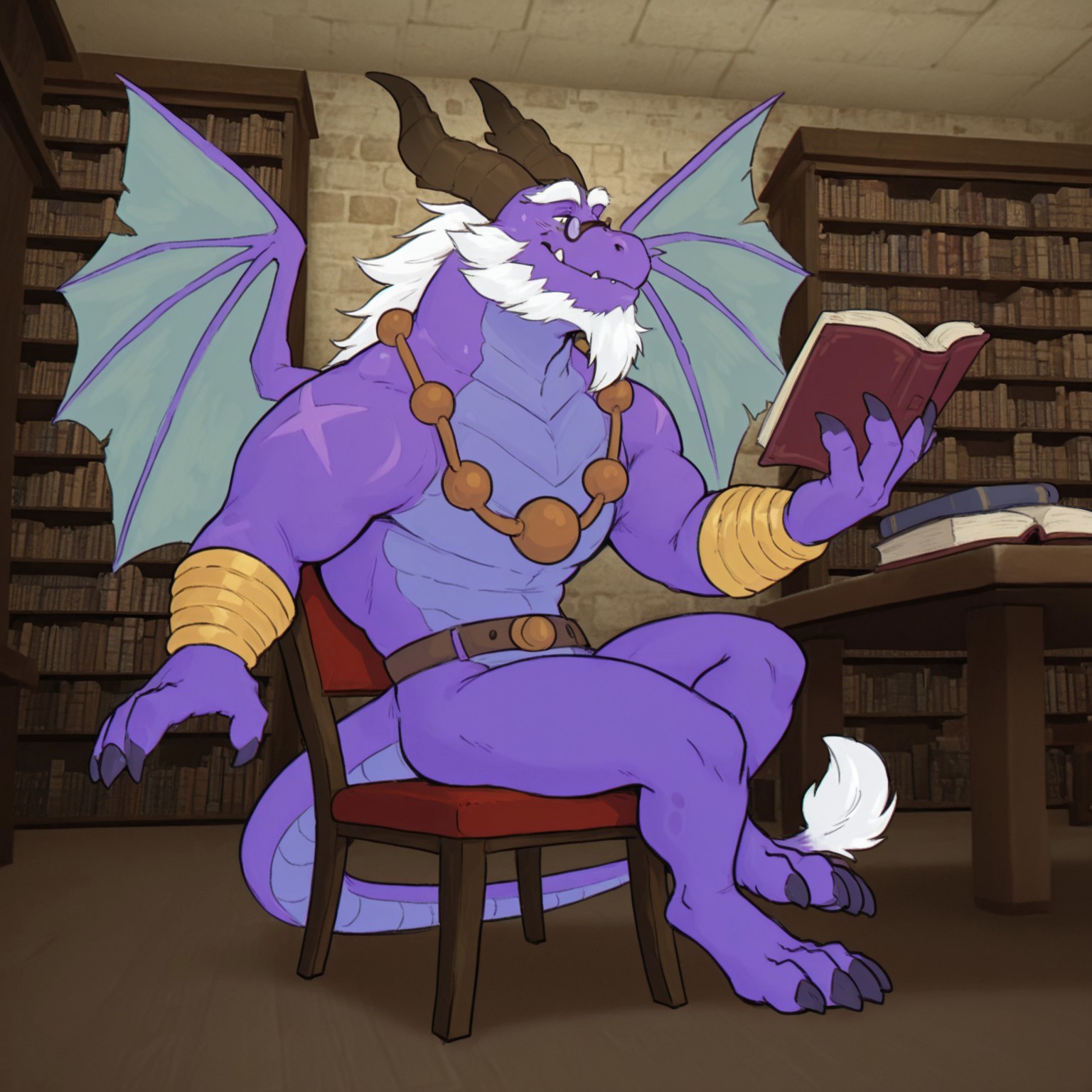 1boy, 2d, Asher, anthro, male, mature male, muscular, dragon, dragon boy, purple skin, scalie, scales, brown horns, dragon horns, facial hair, white hair, white beard, thick eyebrows, wings, brown necklace, bead necklace, black claws, toe claws, three toes, X scar on arm, tail, fangs, bracers, belt, tiny glasses on nose, 

BREAK library, sitting on chair, indoors, table, holding book, looking at book, reading book, calm, smiling, legs crossed

BREAK best quality, amazing quality, very aesthetic, absurdres, newest, masterpiece, high quality, abstract background 