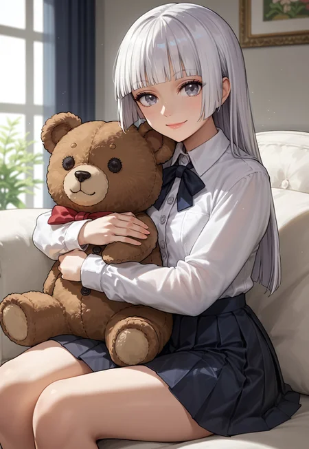 score_9, score_7_up, source_anime, woman, solo, small breasts, white hair, hime cut, gray eyes, white shirt with buttons, long black pleated skirt, looking at viewer, smiling, hugging teddy bear, sitting in armchair,  Wada Arco, bedroom,