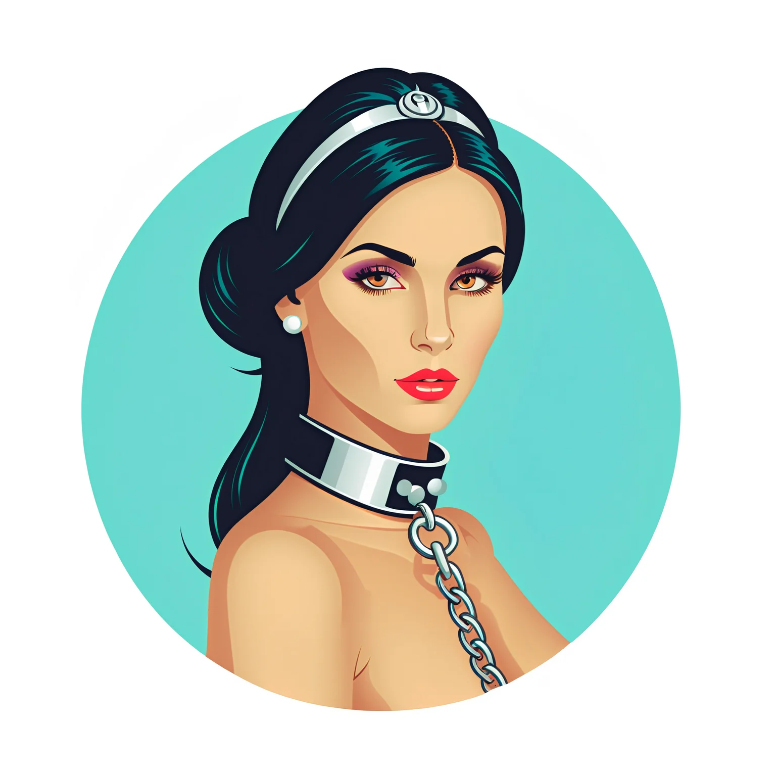 (vector illustration, lineart, stylized art, flat color, logo, icon:1.6), ch, ((white background)), portrait, black hair, the viewer is holding a beautiful woman on a leash, a color around her neck, metal leash, metal collar , pulled leash