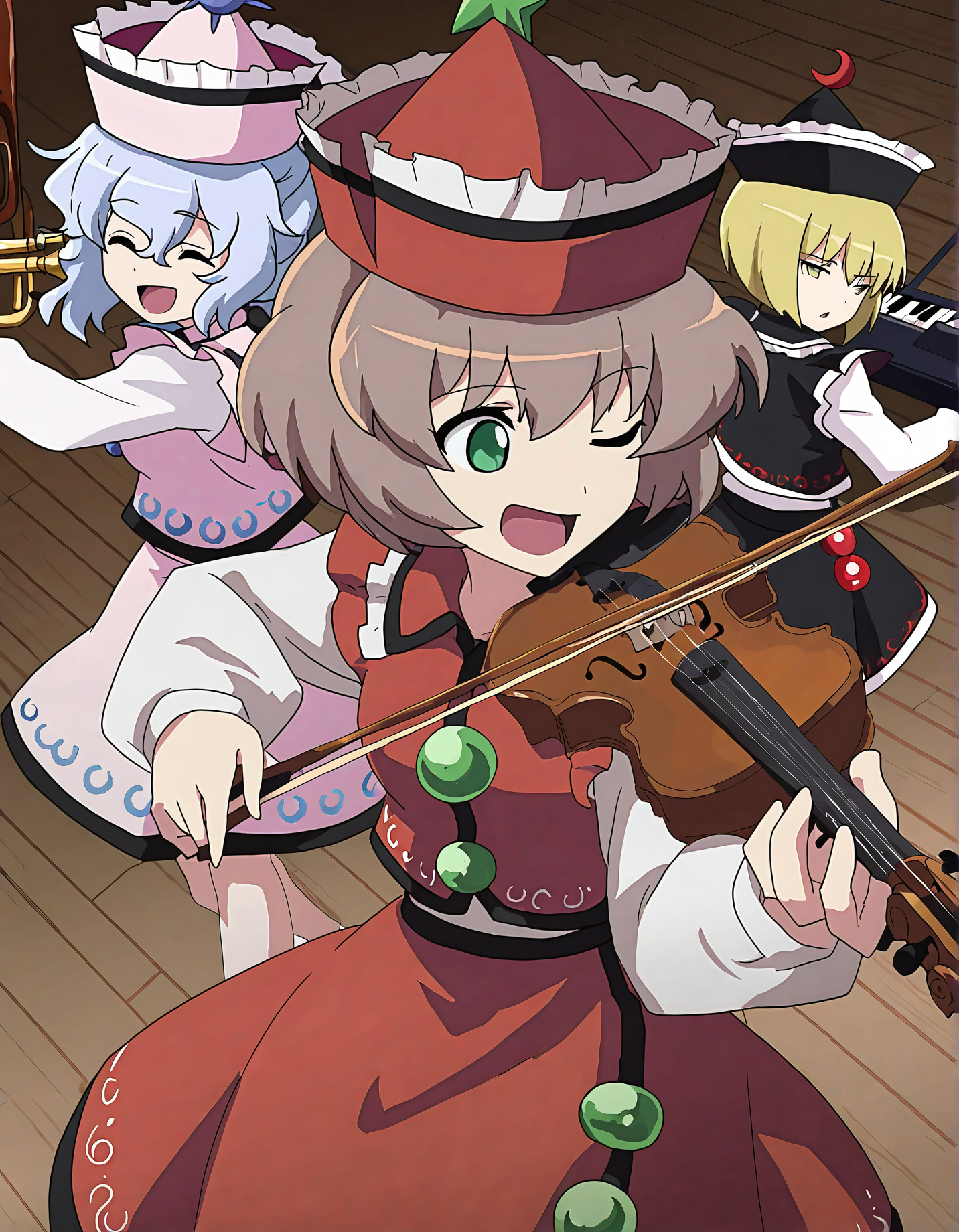 memoriesofphantasm, lyrica prismriver, multiple girls, 3girls, lunasa prismriver, instrument, merlin prismriver, blonde hair, violin, keyboard \(instrument\), hat, brown hair, closed eyes, sisters, siblings, playing instrument, trumpet, general, one eye closed, skirt, short hair, music, vest, smile, blue eyes, open mouth, red headwear, blue hair, wooden floor, long sleeves, black vest, red vest, red skirt, shirt, black skirt, black headwear, crescent, white shirt, green eyes
very awa, masterpiece, best quality, year 2024, newest, highres, absurdres, <lora:memories-of-phantasm-style-noobai-vpred10:1>