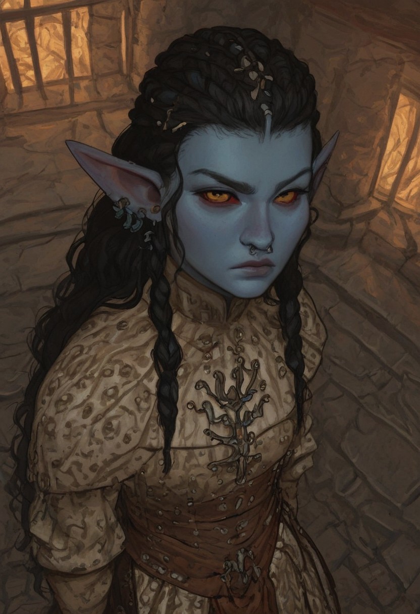 solo, short pointy ears, piercings, random elf face, aquiline features, female dark elf, brow rings, nose rings, beaded piercings, weathered skin, large nose, insect chitin armor, insect chitin helmet, insect chitin ornaments, stylized insect pattern, athletic build,  animated realism, zoomed out, Syrian features, torso, brass pipes and gears, intricate architecture, dwarven masonry, dwemer fixtures, white-green light, gloomy lighting, ancient ruins, interior, stone tiled floor, grey-blue skin, mahogany and ivory clothes, medium armor, bone plate armor, ivory straps and fittings, alien bone ornaments, grey wood neckguard, red sclera, black pupils, blue-green light, neon, highly detailed, defined features, looking at viewer, three quarters view, from above, dynamic lighting, 19 years old, light and shadows, patterned cloth, annoyed expression, expressive eyes, detailed medieval clothes, medium_breasts, very long hair, wavy hair, thick hair, beaded hair, braided hair, under cut hair, semirealistic, alien elf, spanish features, jewish features, black hair, dark red hair, umber skin, sharp features, pastel green inuit print cloak, nighttime, high detail, absurdres, pretty eyes, detailed eyes, yellow eyes,