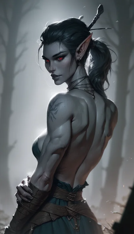 score_9, score_8_up, score_8_up, layering, ultra detailed, (ultra wide angle shot:0.65), shallow depth of field, alluring curves, tasteful sensuality, softcore, pinup girl pose, 1girl, ((dunmer)), skyrim, elder scrolls, dark elf, ((dark grey ashen skin)), drow with dark grey skin, very big large dark red eyes, dark grey lips, black hair pulled back in sleek ponytail, tall and slender, supermodel look with pronounced sharp cheekbones and narrow sharp long chin, photo, painting, light rays, <lora:Dunmer:1.3>,  <lora:Skyrim_Project_SDXL_r1:0.6> <lora:Fant5yP0ny:0.7>,  <lora:MJ52:0.5>