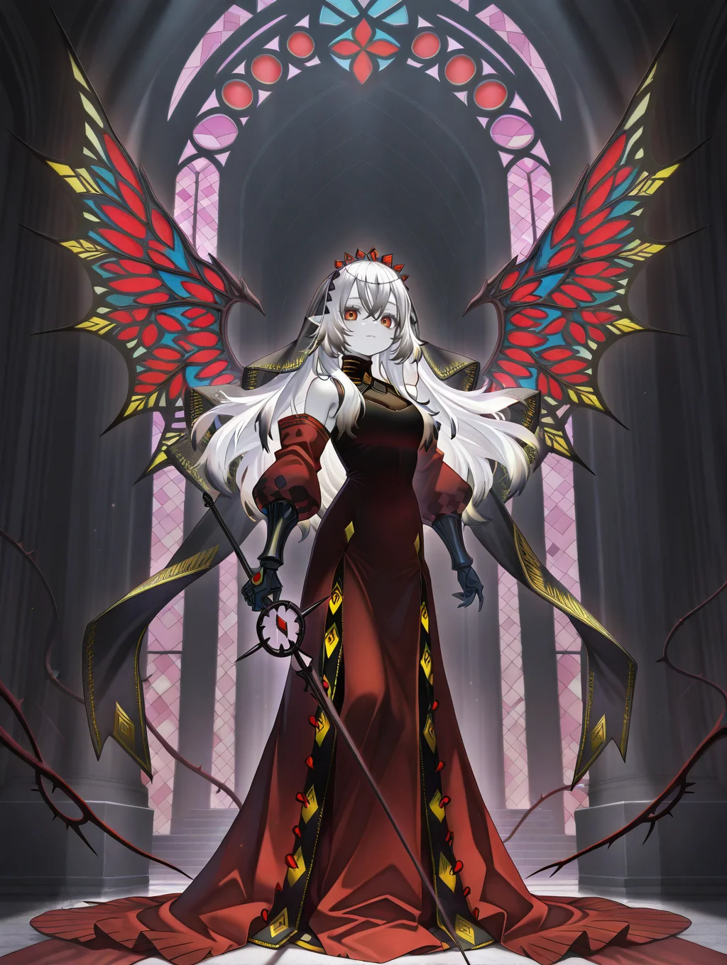 black gauntlets, blazing cartesia the virtuous, red dress, red detached sleeves, 1girl, solo, rapier, holding rapier, looking at viewer, full body, closed mouth, standing, thorns, dark theme, black bridal veil, white skin,stained glass wings,
masterpiece,best quality,amazing quality,very aesthetic,absurdres,newest,<lora:blazing cartesia the virtuous illuXL v1.2:0.8>,