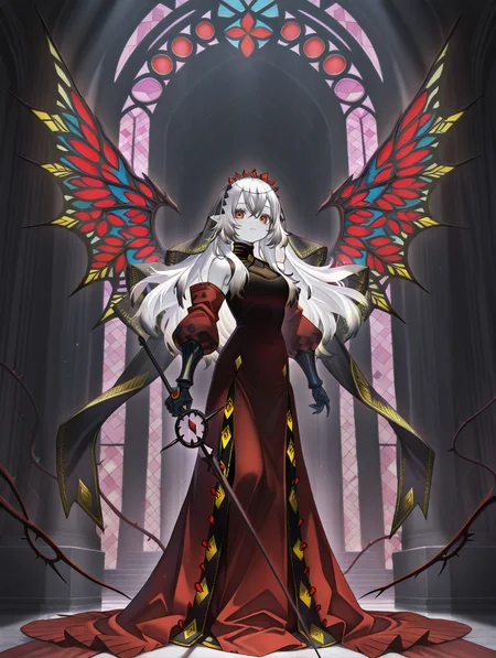 black gauntlets, blazing cartesia the virtuous, red dress, red detached sleeves, 1girl, solo, rapier, holding rapier, looking at viewer, full body, closed mouth, standing, thorns, dark theme, black bridal veil, white skin,stained glass wings,
masterpiece,best quality,amazing quality,very aesthetic,absurdres,newest,<lora:blazing cartesia the virtuous illuXL v1.2:0.8>,