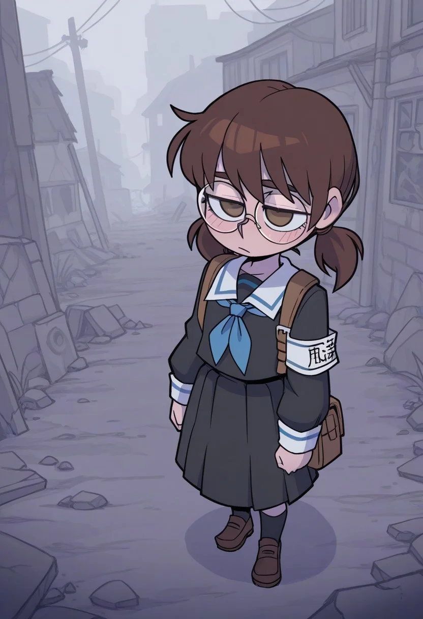 aesthetic, best quality, vanripper, BREAK, 1girl, solo, (short, slanted eyes, brown eyes, brown hair, twintails, low twintails, round glasses, wearing mask. black serafuku, blue neckerchief, white shirt collar, long sleeves, white cuffs), leather satchel, (aged down:1.0), white armband,) outdoors, ruined city, rubble, broken home, village, simple background, full body, foreshortening,