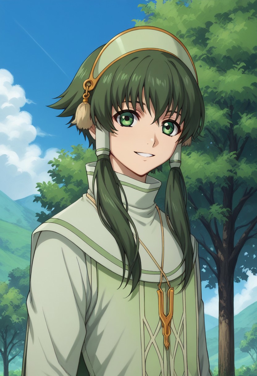 score_9, score_8_up, score_7_up, source_anime, highly detailed, 
fonion, male focus, 1boy, solo, green hair, hair tubes, sidelocks, green eyes, jewelry,
smile, necklace, short hair with long locks, looking at viewer, vest, green vest, pantyhose, upper body
outdoor, sky, tree