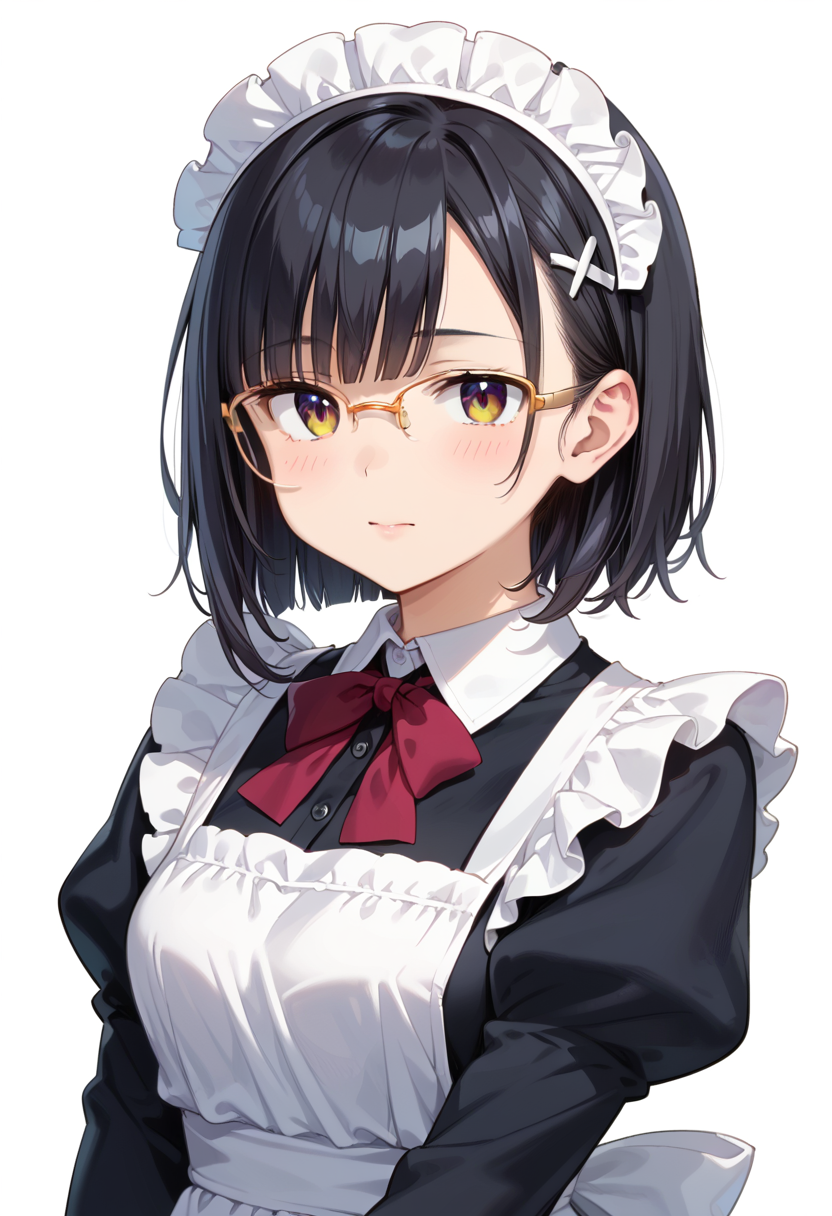 score_9, score_8_up, score_7_up, rating_safe, masterpiece, best quality, absurdres, unity 8k wallpaper, official art, official style, source_anime, uncensored, game cg, megami magazine,
1girl, solo, black hair, medium hair, upper body, covered eyes,maid, maid headdress, black dress, maid apron, face focus,
halfrim17s,  still life, white background, simple background, yellow-framed eyewear,
 <lora:glasses_halfrim17S_PONY_V1:1>