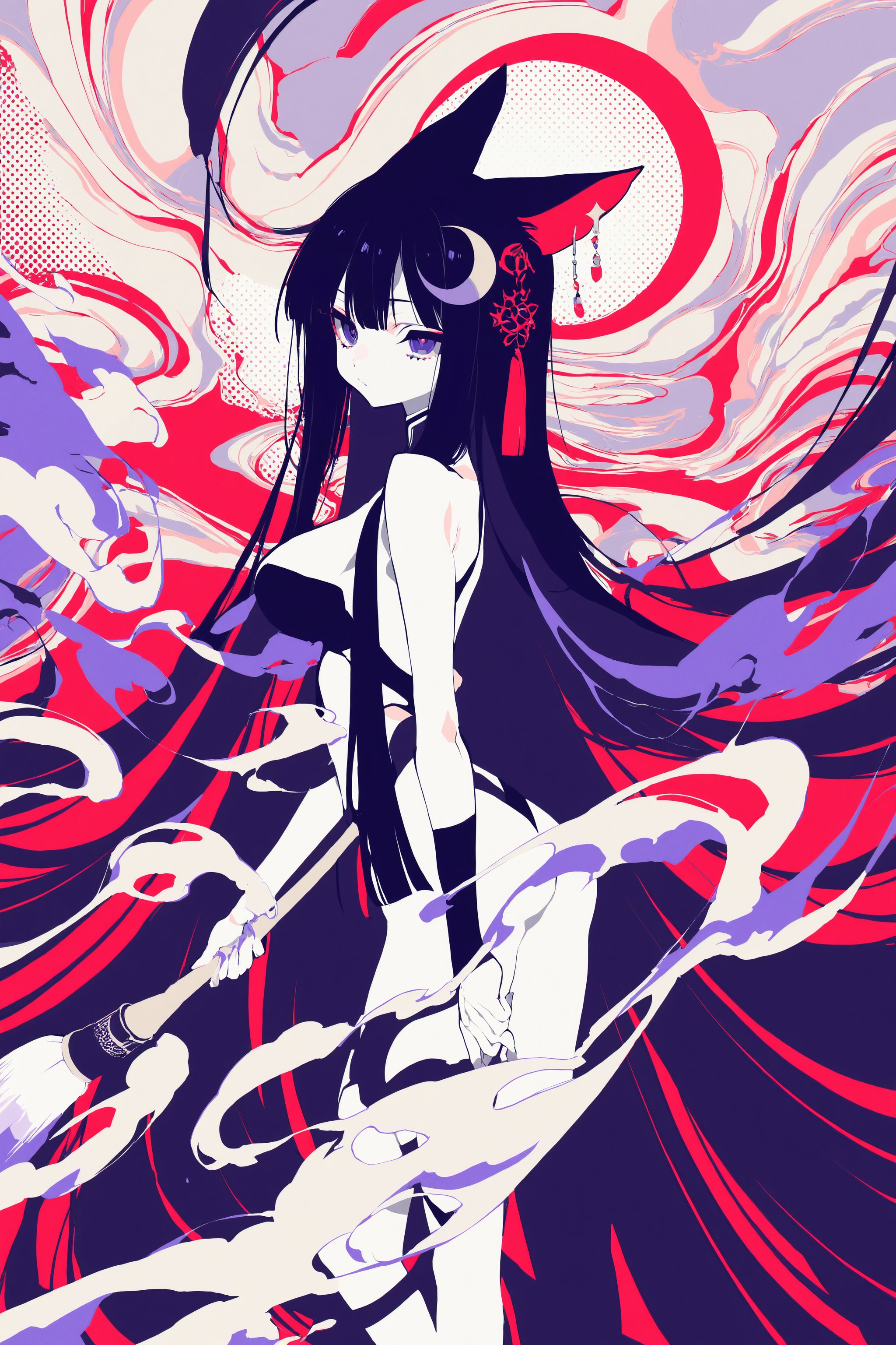 ((ff gradient)),((limited palette)),high contrast,inverted colors,colorful,(Stunning composition),(cat girl),dark purple hair,(absurdly long hair),violet eyes,large breasts,crescent hair ornament,(((yumenouchi chiharu))),mochizuki kei,[rei (sanbonzakura)],1girl,solo,((anime screencap)),traditional hairpin,red earrings,monochrome,color palette,chinese ink brush style,abstract background,swirls with brushstrokes,chaos and harmony,calligraphic grace,best quality,amazing quality,very aesthetic,absurdres,