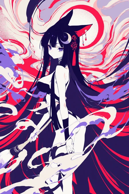 ((ff gradient)),((limited palette)),high contrast,inverted colors,colorful,(Stunning composition),(cat girl),dark purple hair,(absurdly long hair),violet eyes,large breasts,crescent hair ornament,(((yumenouchi chiharu))),mochizuki kei,[rei (sanbonzakura)],1girl,solo,((anime screencap)),traditional hairpin,red earrings,monochrome,color palette,chinese ink brush style,abstract background,swirls with brushstrokes,chaos and harmony,calligraphic grace,best quality,amazing quality,very aesthetic,absurdres,